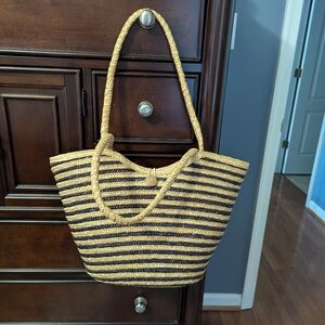 Striped Tan and Black Woven Tote Bag